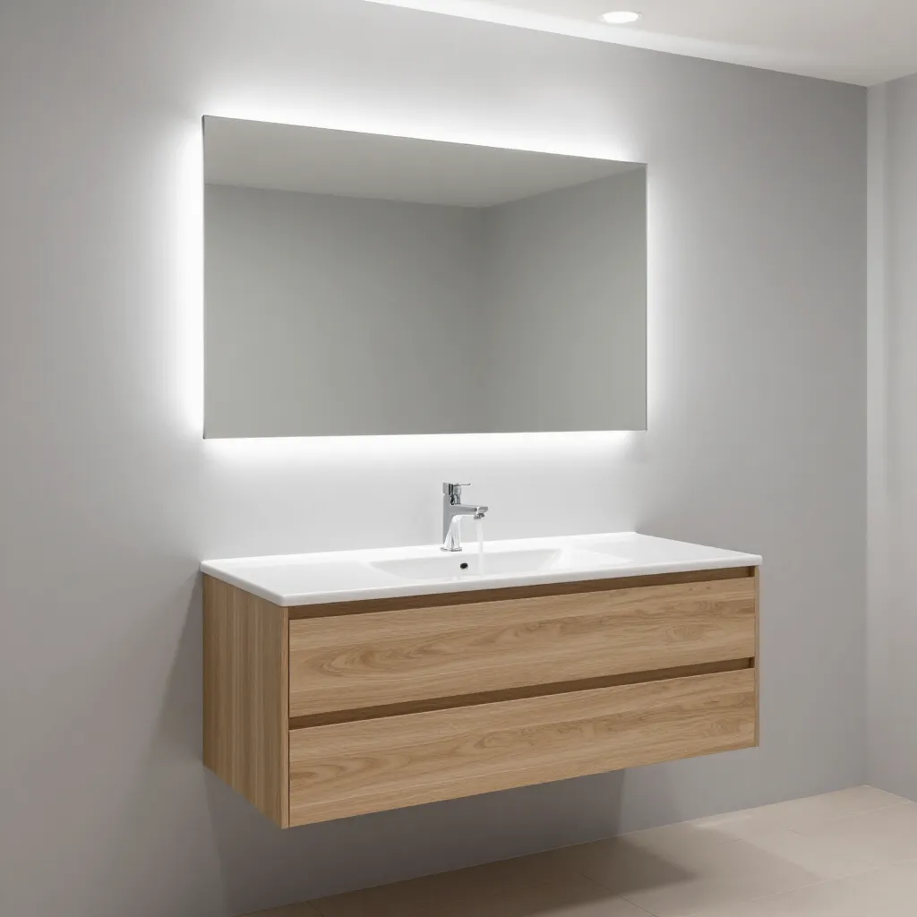 Modern bathroom vanity with wall-mounted wood cabinet, sink, and illuminated mirror on gray wall