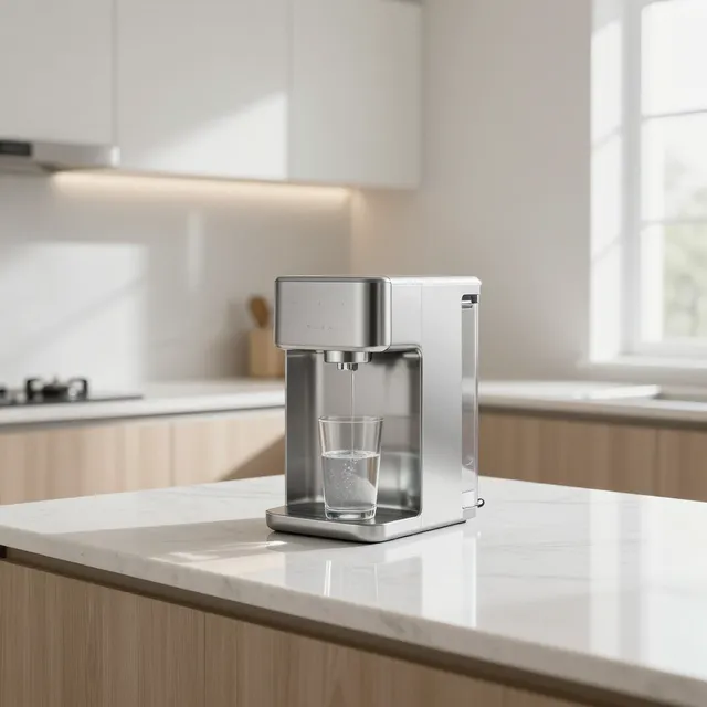 Small silver countertop coffee machine in a bright modern kitchen with a glass under the spout.