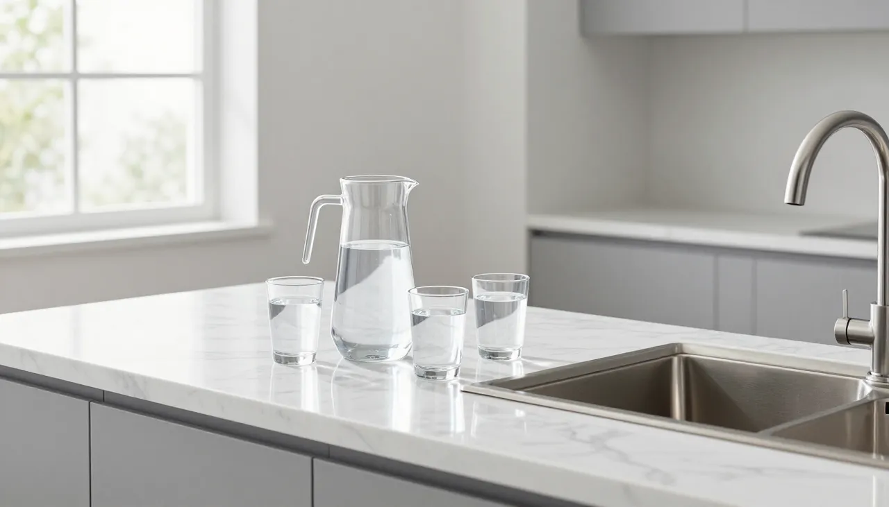 Bright kitchen counter by a sink with a glass pitcher and drinking glasses near a window