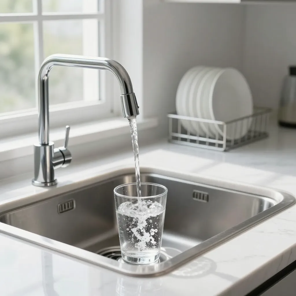Chrome kitchen faucet filling a glass in a stainless steel sink beside white dishes by a window