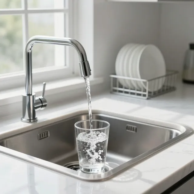 Chrome kitchen faucet filling a glass in a stainless steel sink beside white dishes by a window