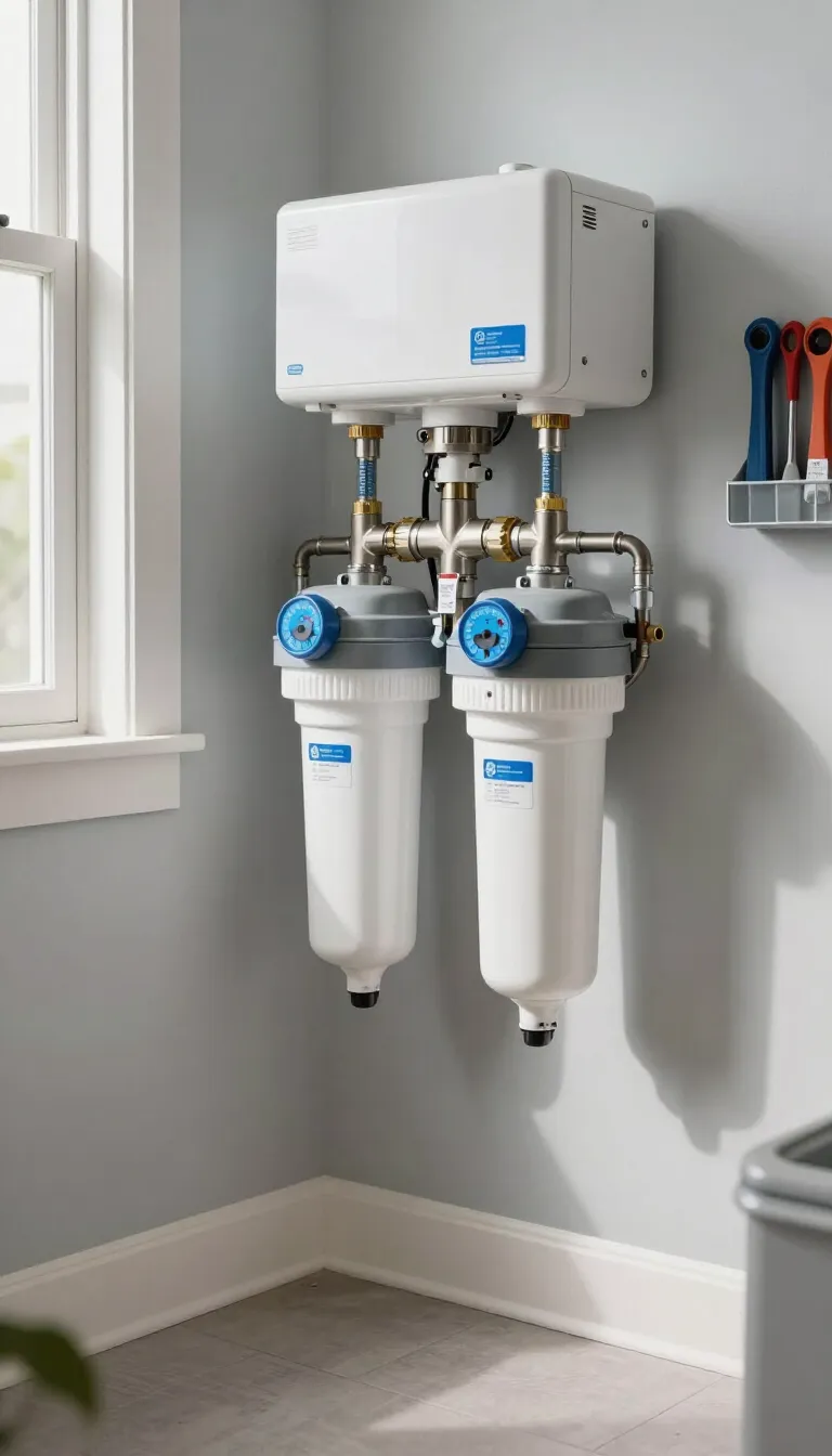 Wall-mounted whole-home water filtration system with twin filter cartridges installed in Mesa, AZ
