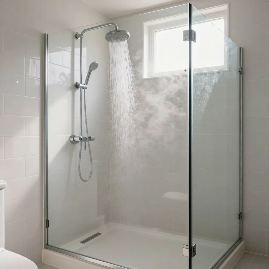 Glass shower stall with rainfall showerhead and handheld sprayer spraying water in a white bathroom