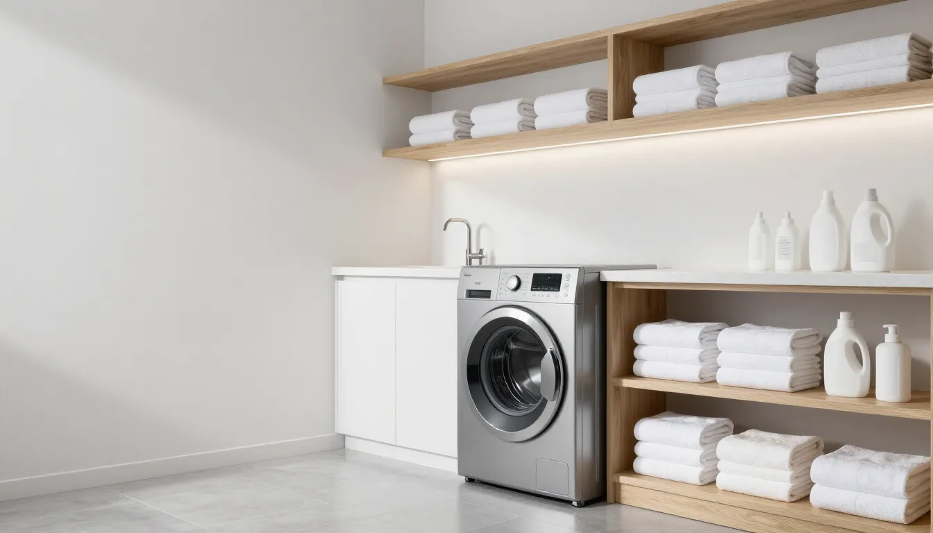 Minimal laundry room with washer, shelves, and neatly folded white towels