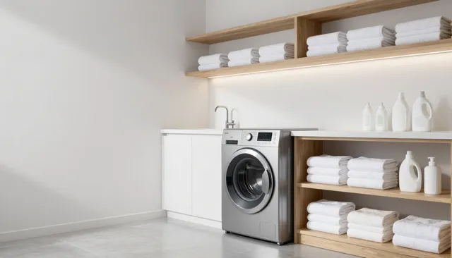 Minimal laundry room with washer, shelves, and neatly folded white towels