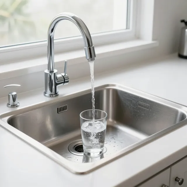 Glass being filled with water at a stainless steel kitchen sink by a chrome faucet.