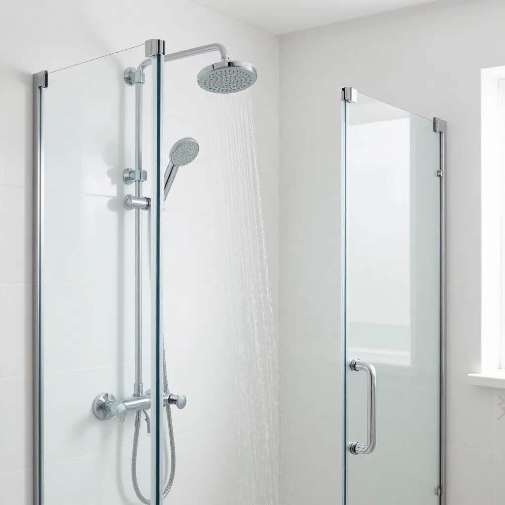 Modern bathroom shower with glass enclosure, chrome fixtures, and a rainfall showerhead.
