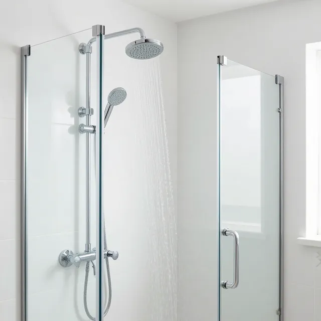Modern bathroom shower with glass enclosure, chrome fixtures, and a rainfall showerhead.