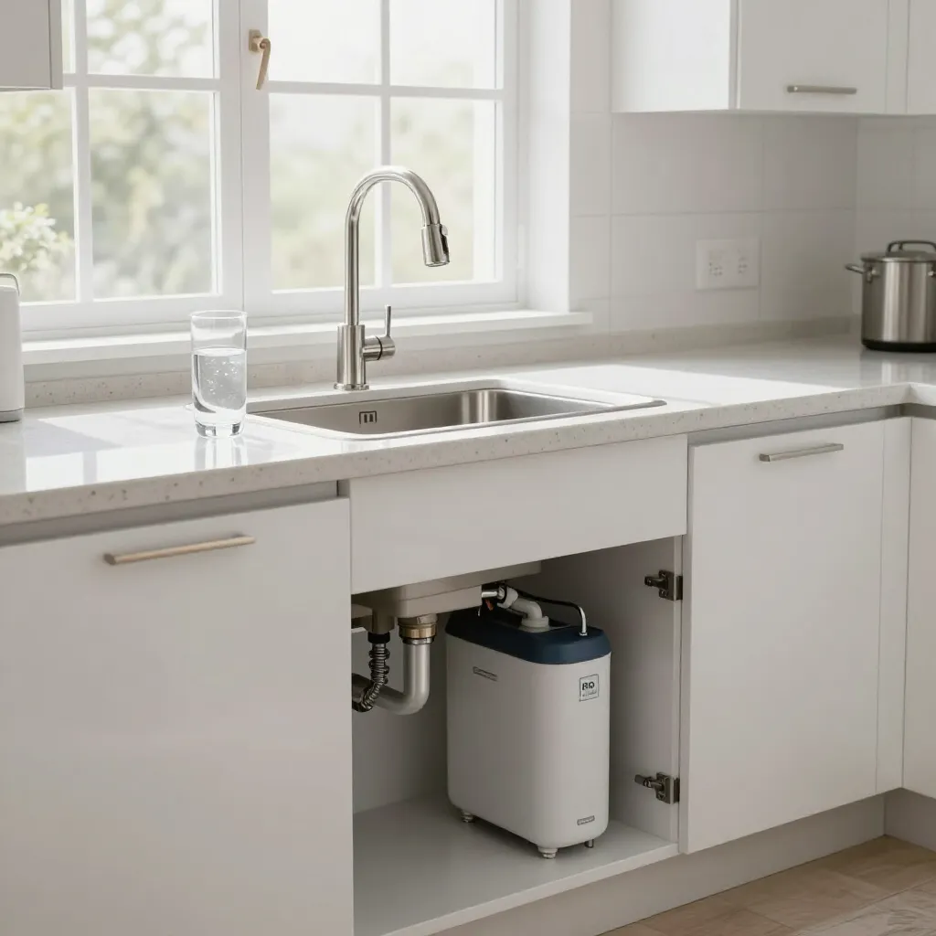 Bright white kitchen with sink, window, and an open cabinet showing a water filtration system under the counter