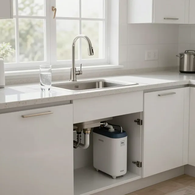 Bright white kitchen with sink, window, and an open cabinet showing a water filtration system under the counter