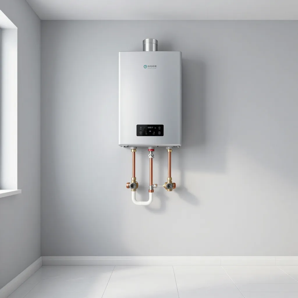 Wall-mounted white boiler in a minimal gray room with exposed pipes underneath