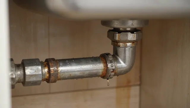 Rusted drain pipe dripping under a sink cabinet, a sign of a hidden water leak needing water leak repair in Mesa, AZ Rusted drain pipe dripping under a sink cabinet, a sign of a hidden water leak needing water leak repair in Mesa, AZ