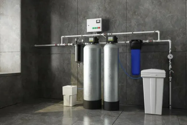 Water softener system with three tanks and white bins in a gray utility room Water softener system with three tanks and white bins in a gray utility room